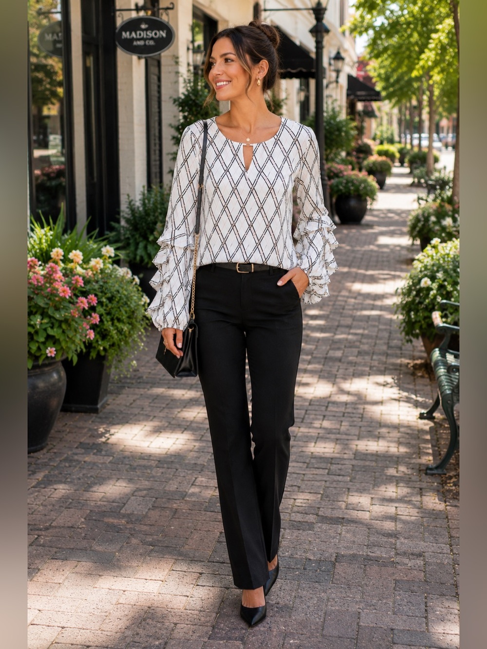 White House Black Market Plaid Ruffle Sleeve Blouse Size M